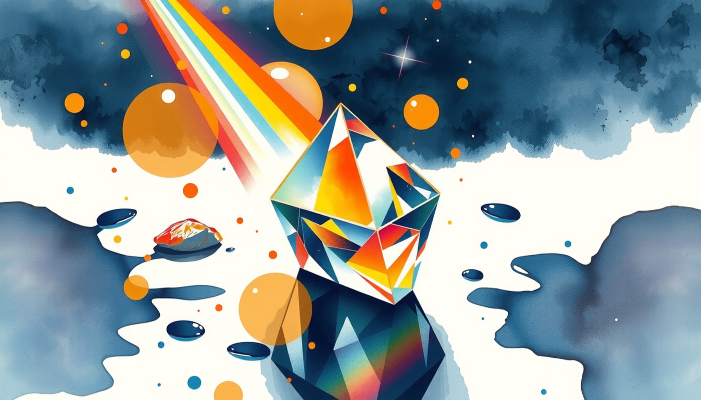 Cracked crystal prism refracting light into chaotic rainbow patterns.