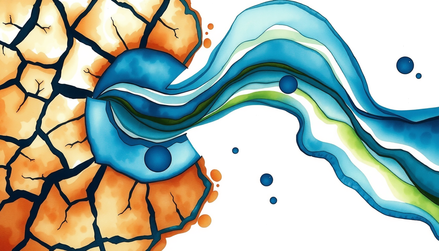 Cracked dry riverbed merging with smooth flowing water, earthy and cool tones.