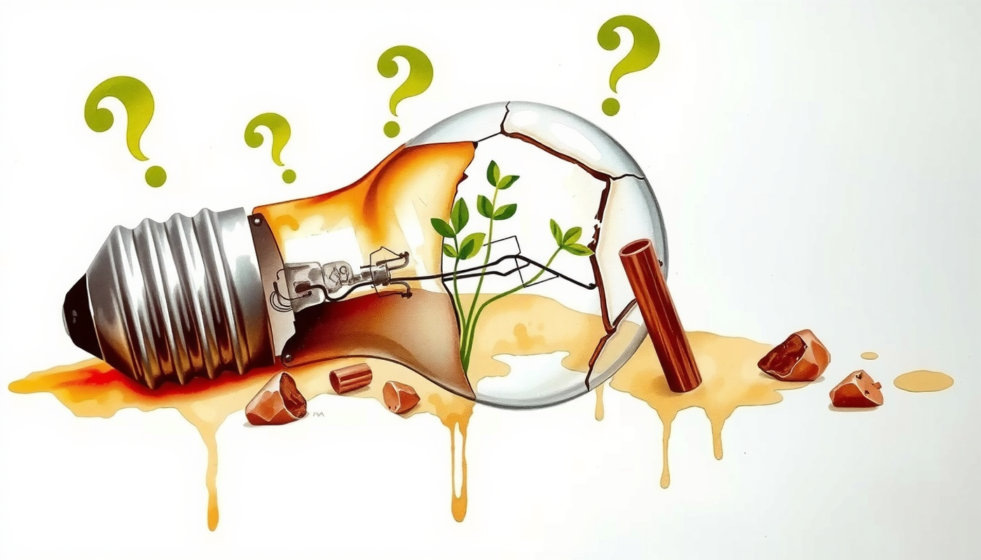 Cracked lightbulb with seedlings, symbolizing growth from failure and understanding.