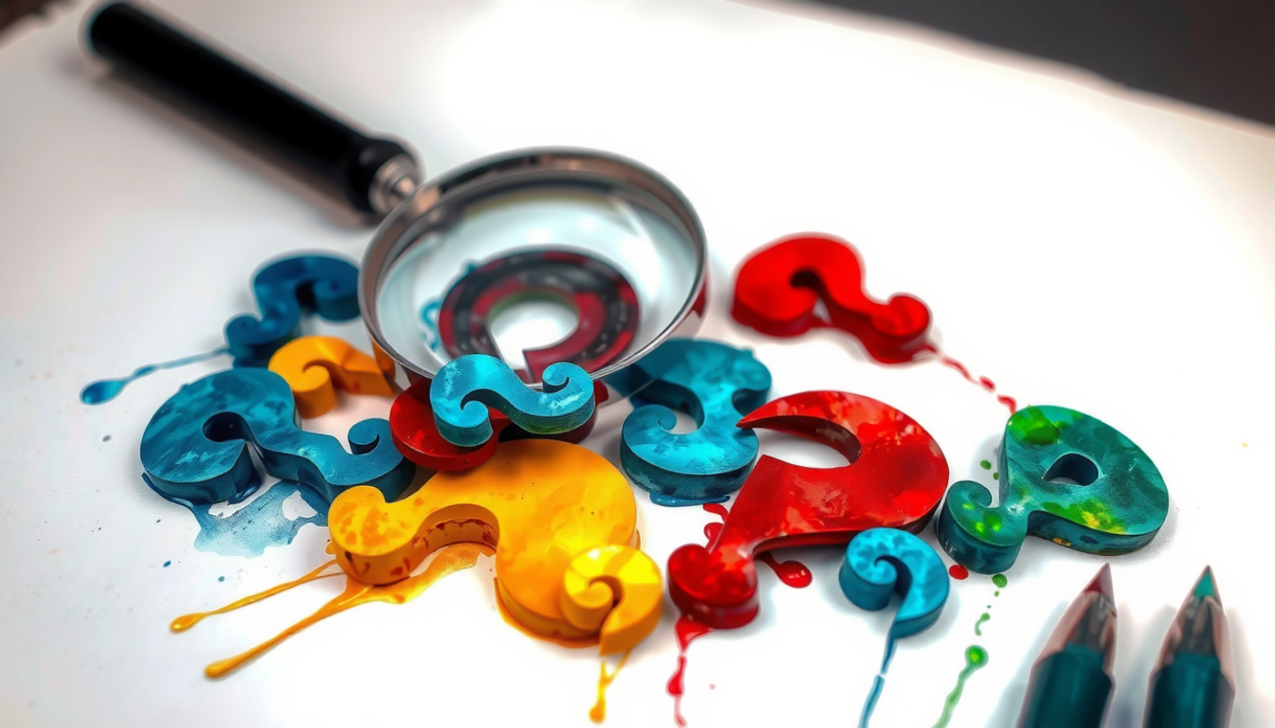 Cracked magnifying glass on scattered glowing and broken question marks.