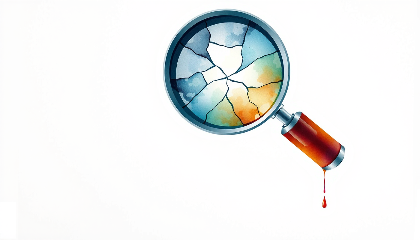 Magnifying glass reveals blurred ink swirls and pixel patterns.