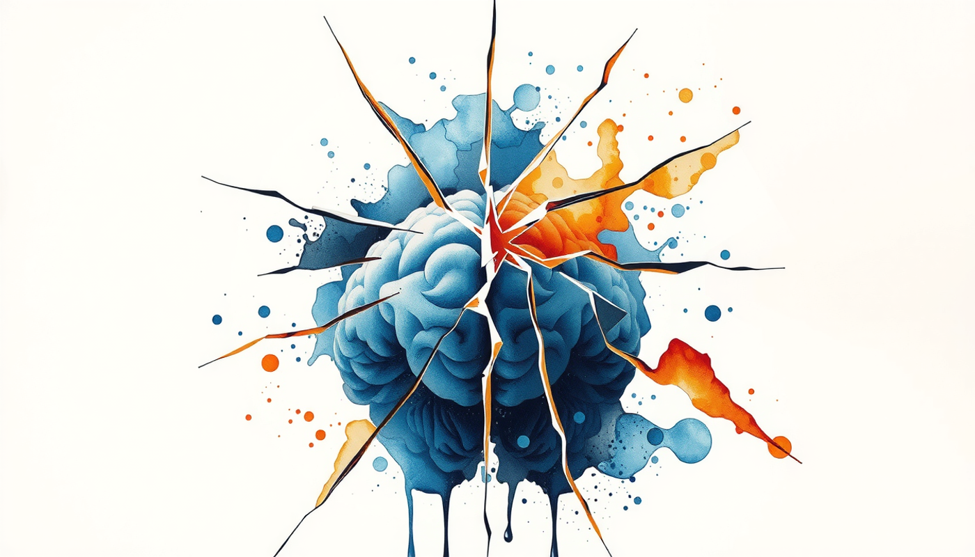 Watercolor painting of a cracked mirror reflecting a distorted brain.