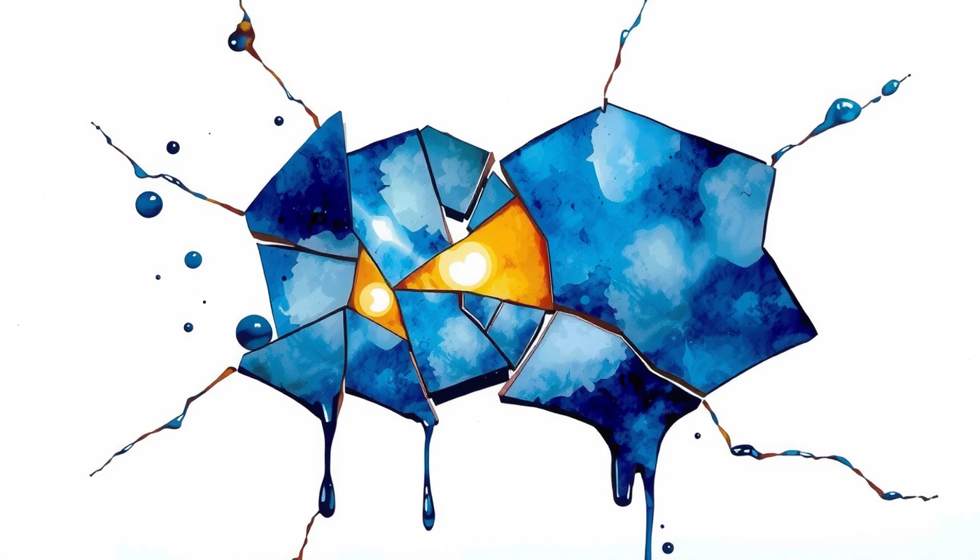 Cracked mirror reflecting indigo geometric shape, symbolizing broken memory retrieval.