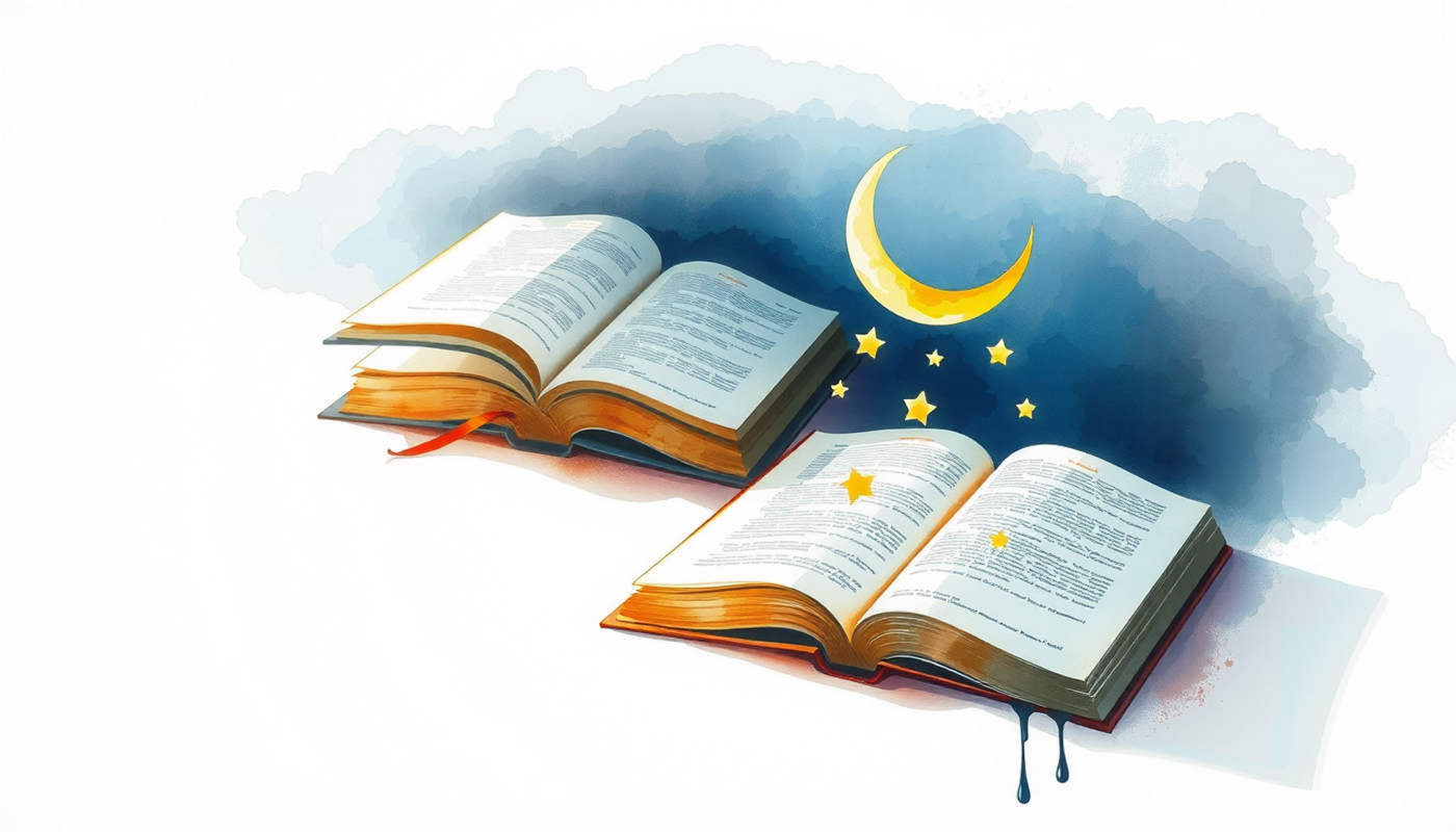 Crescent moon casting light on an open book, evoking dreams.