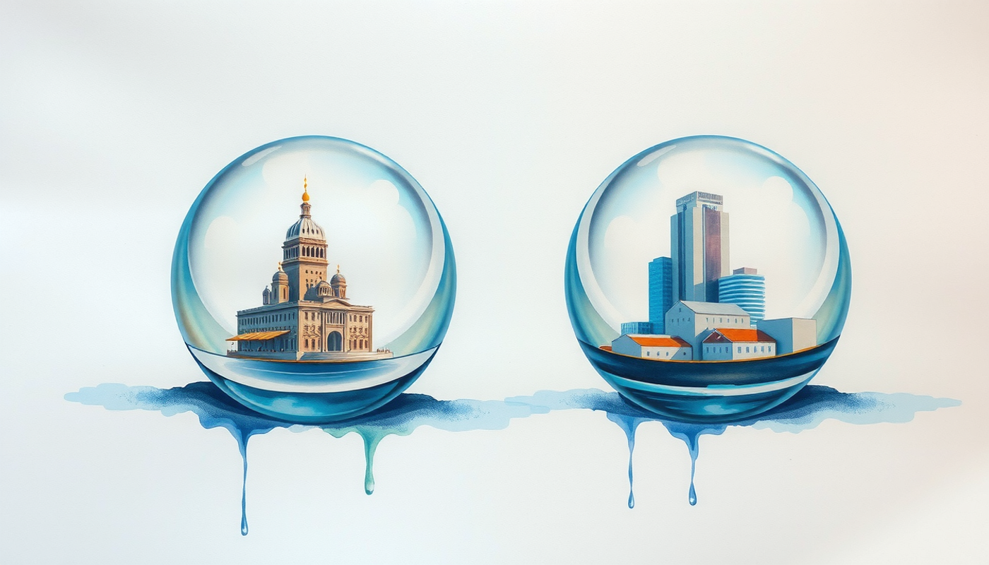 Two crystal orbs showcasing a miniature city and holographic projection.