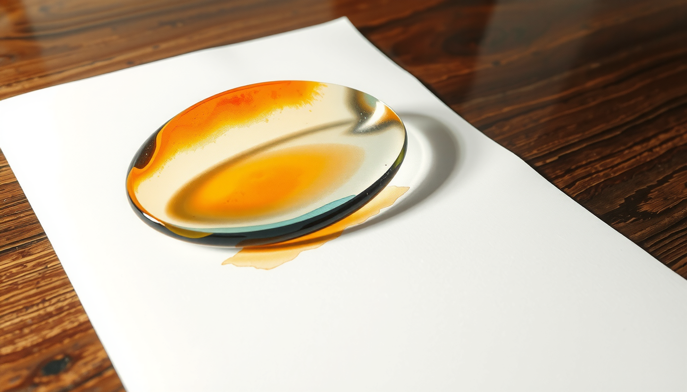 Curved glass sculpture with amber light on dark walnut surface.