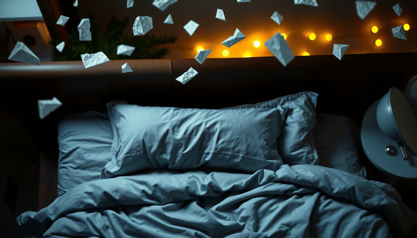 Dark bedroom with rumpled sheets and floating memory fragments.