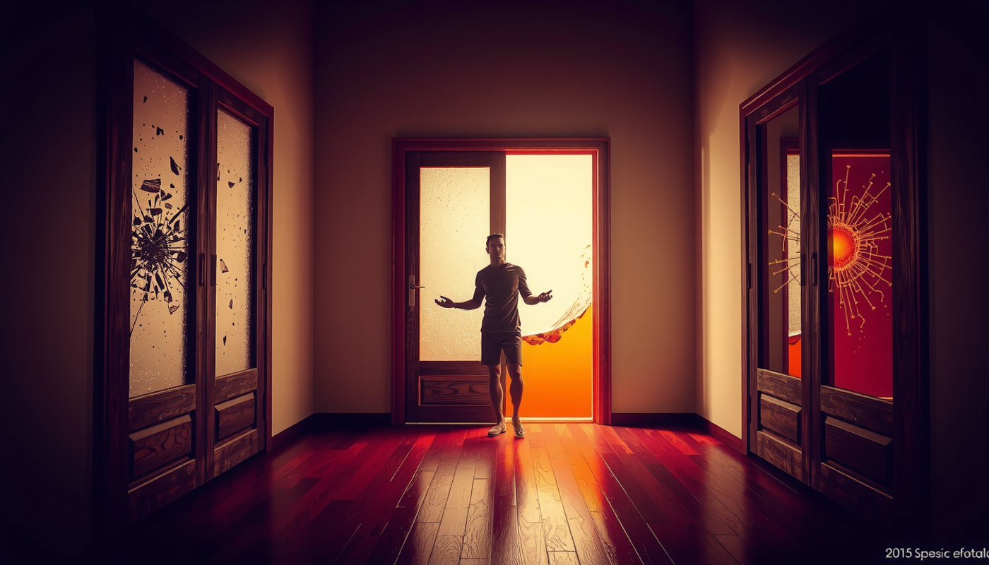 Dark corridor with three doors, each revealing intense emotional scenes.