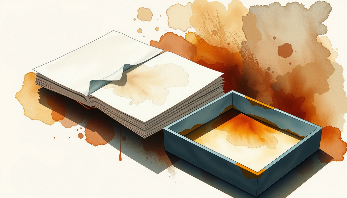 Blank photographic paper sheets fanned on a dark tabletop with amber safelight.
