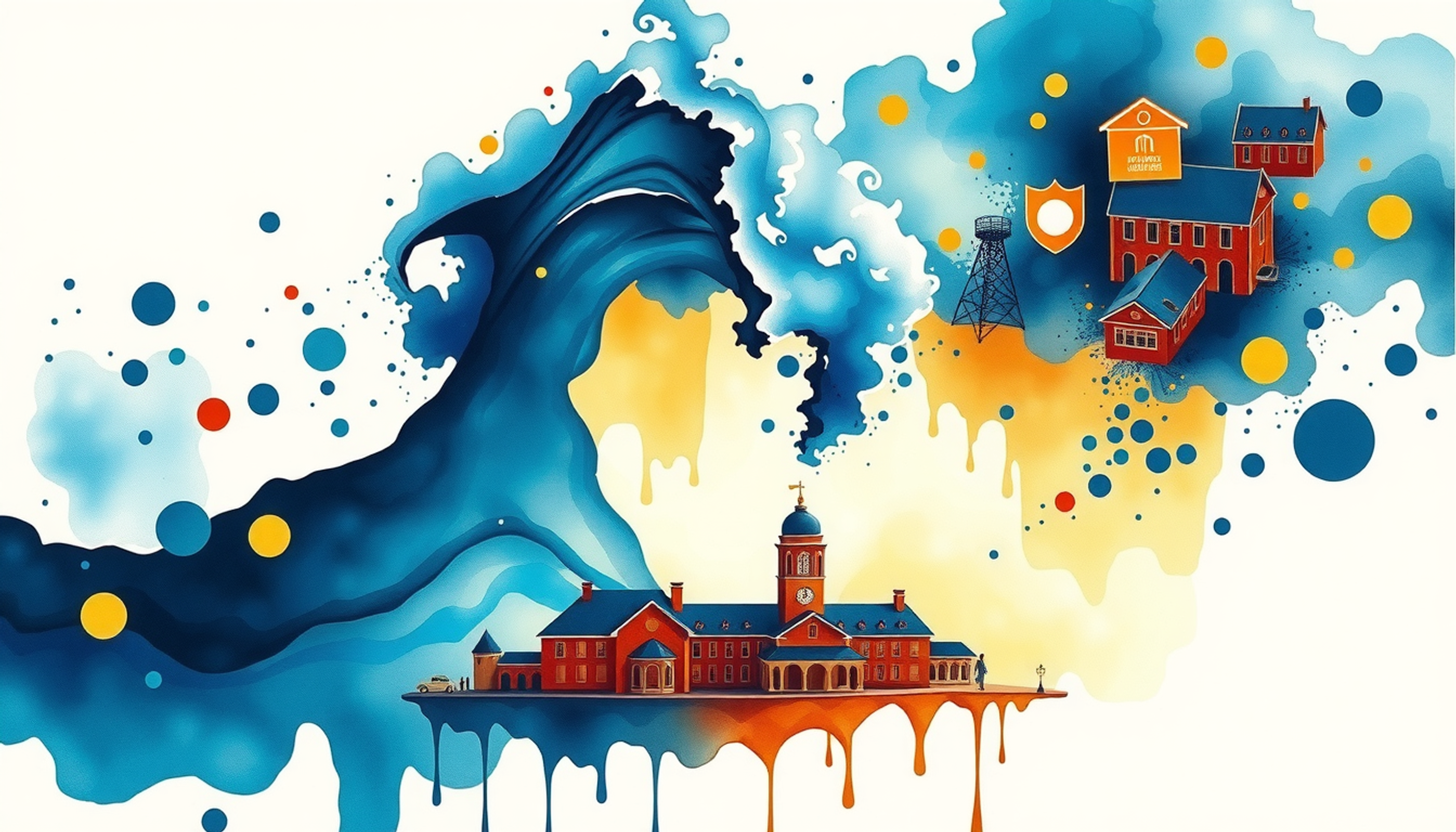 Luminous data particles engulfing miniature schools and universities, highlighting preparedness gaps.