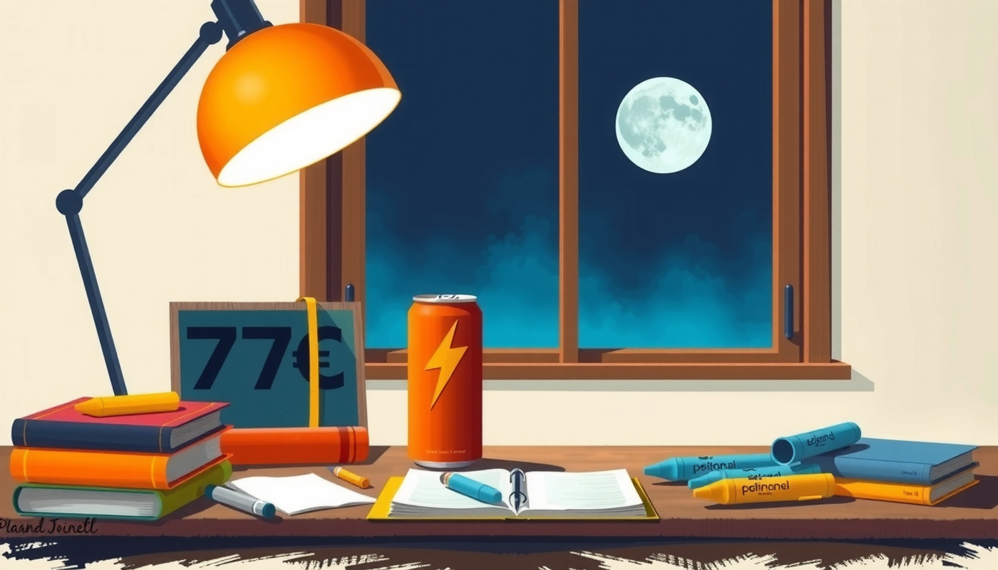 Desk lamp brightens textbooks and notes on a wooden desk.