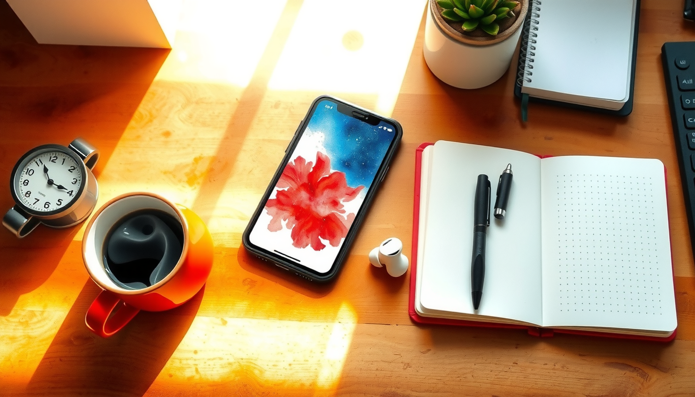 Wooden desk with smartphone, notebook, coffee cup, and earbuds.