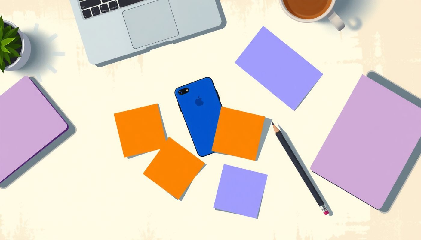 Modern desk setup with smartphone, flashcards, notebook, and pencil.