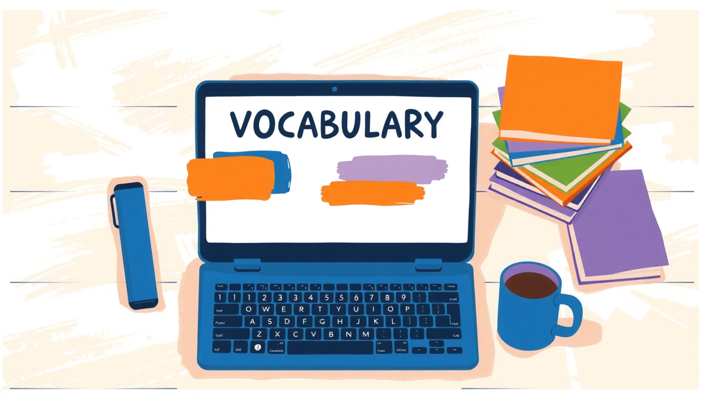 Modern desk setup with laptop, flashcards, and coffee mug.