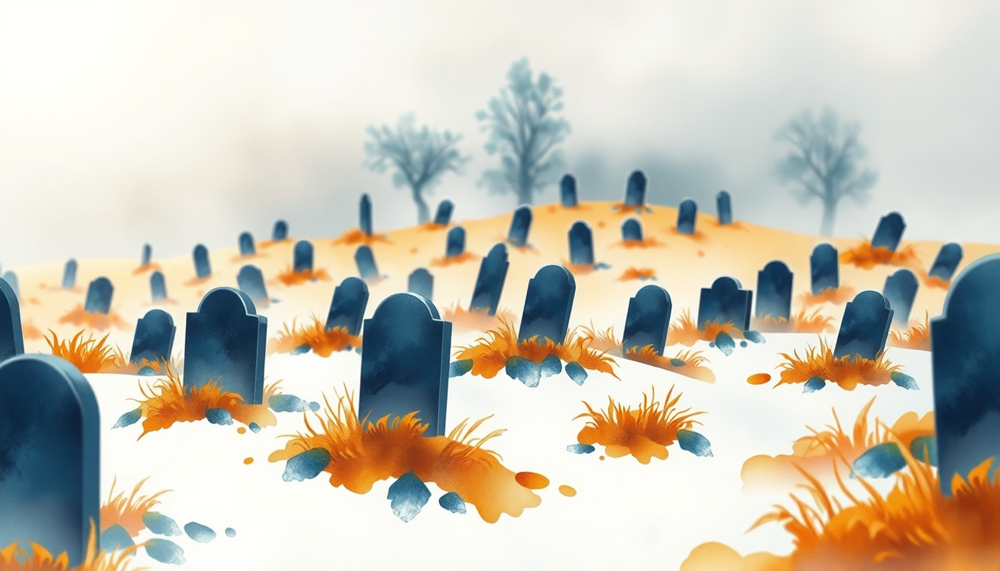 Digital graveyard of flashcard app icons on a misty hillside.