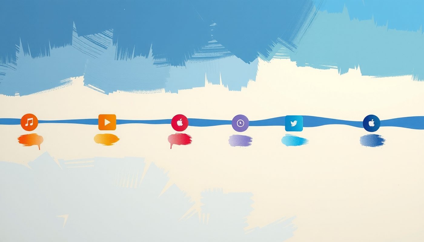 Digital timeline with app icons and glowing update badges on gradient background.