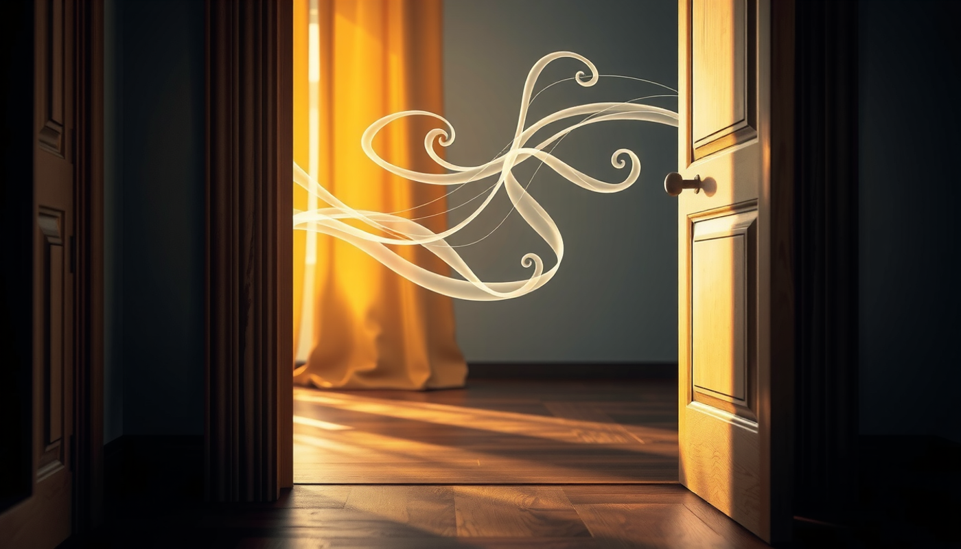 Dimly lit doorway revealing a warm room with swirling memories.