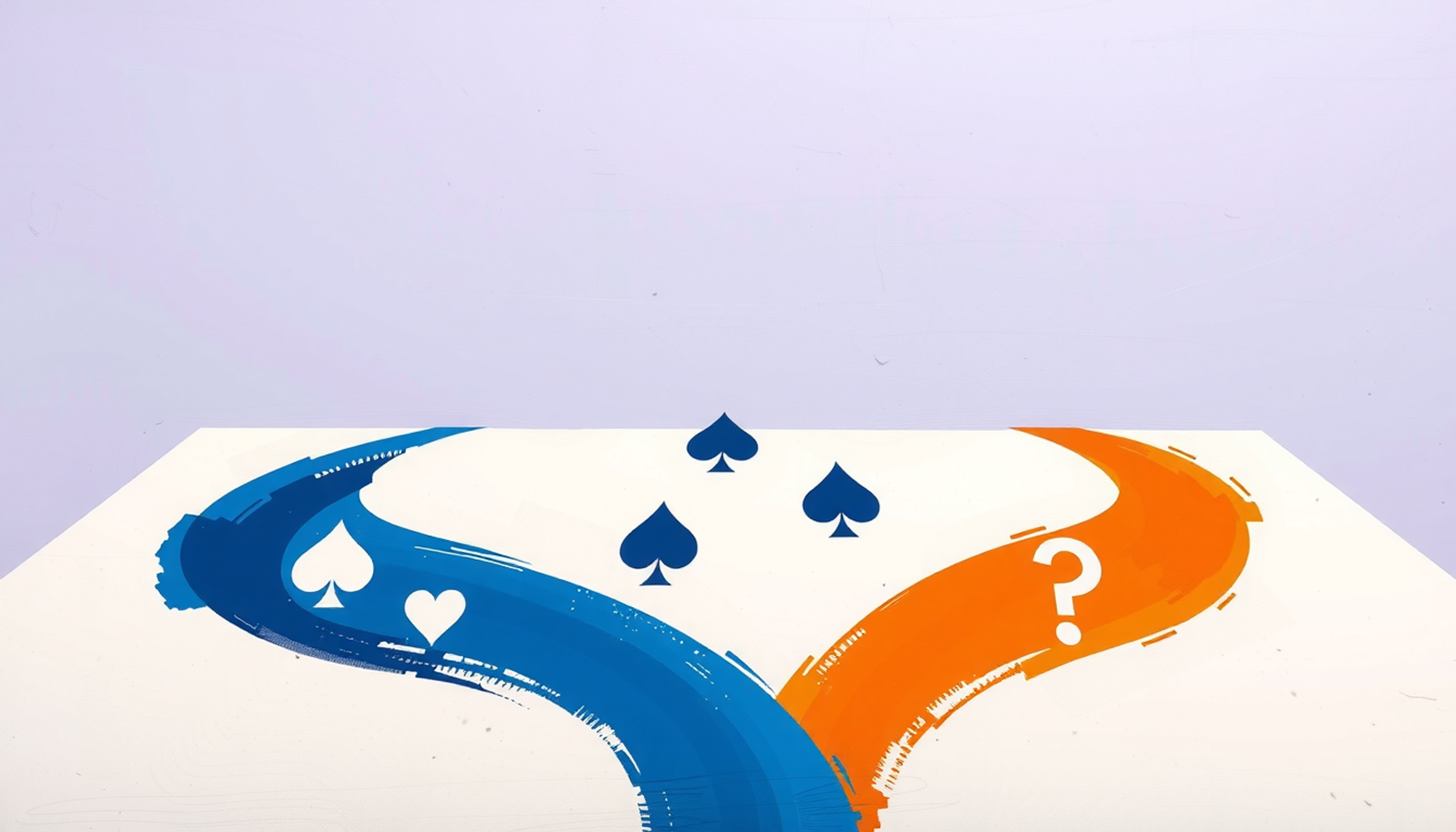 Diverging paths with card and question-mark symbols leading to a diploma.