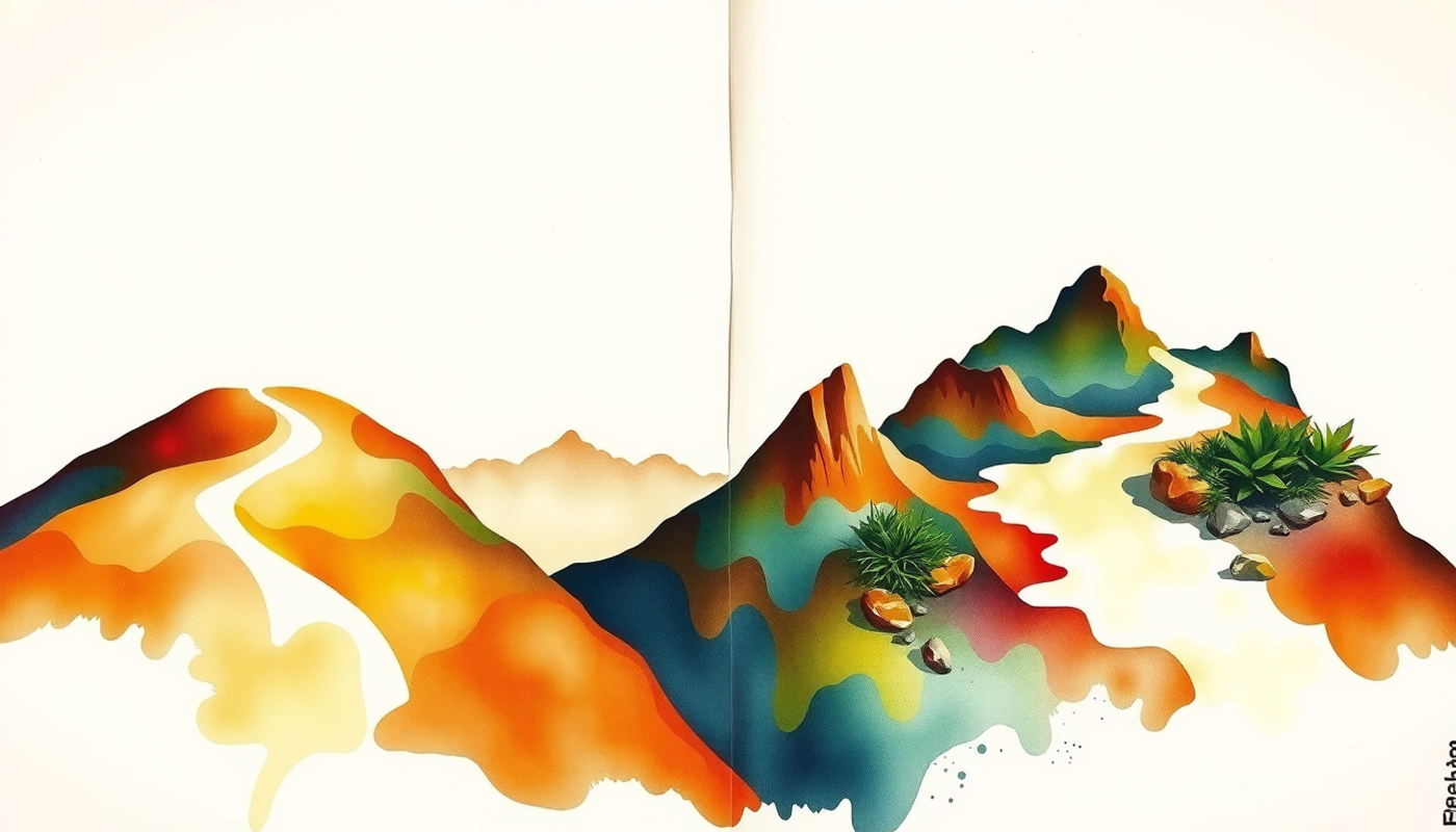 Diverging paths in muted earth tones, one smooth, one rocky and illuminated.