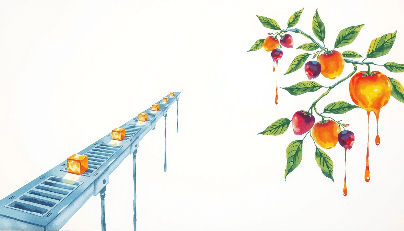 Diverging pathways: one of metallic conveyor belts, the other of vibrant vines.