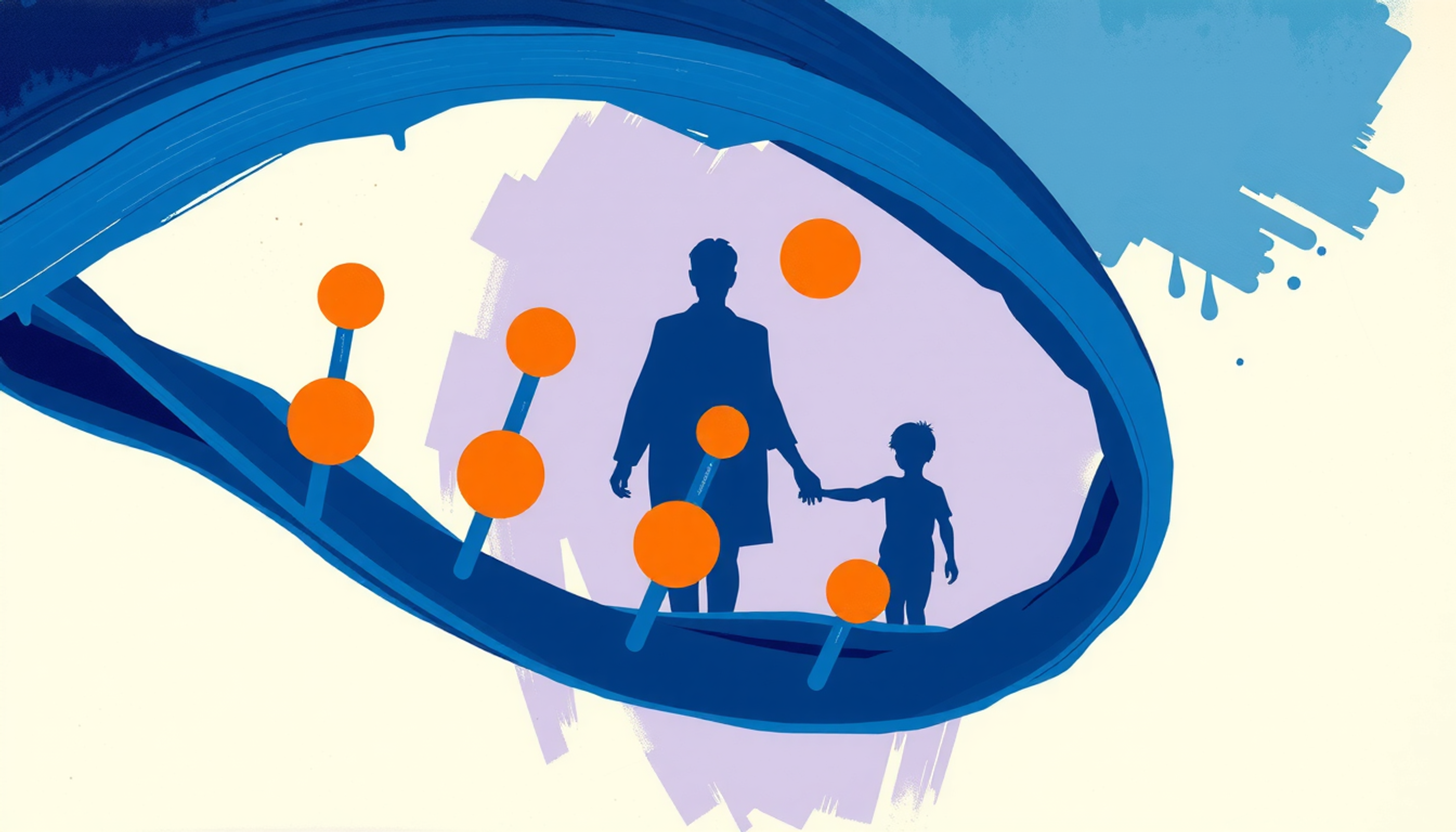 DNA strands with methyl groups influenced by stress across generations.