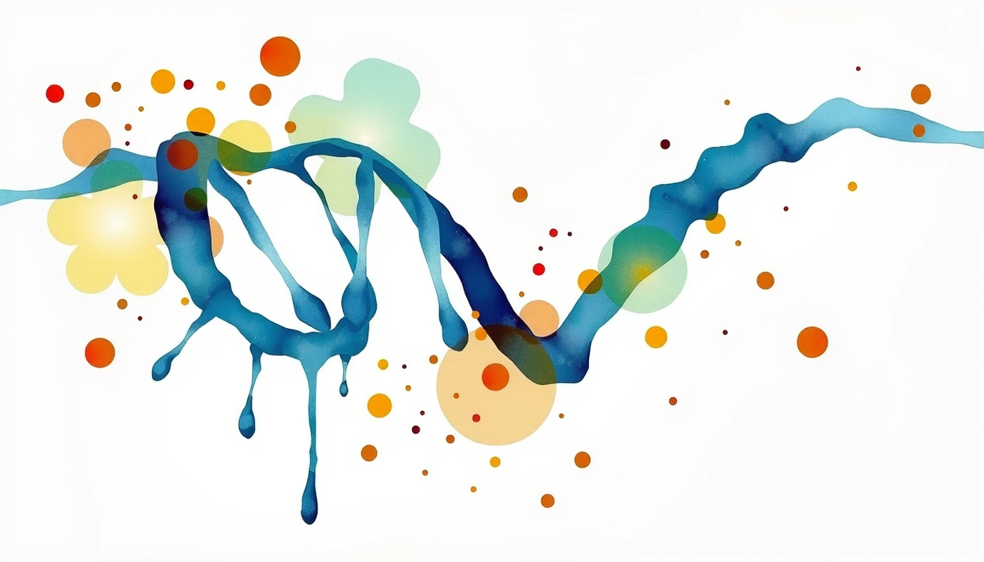 Colorful methylation markers on a DNA double helix against a dark background.