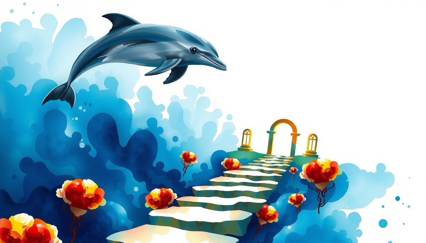 Dolphin navigating coral gates in a bioluminescent underwater scene.