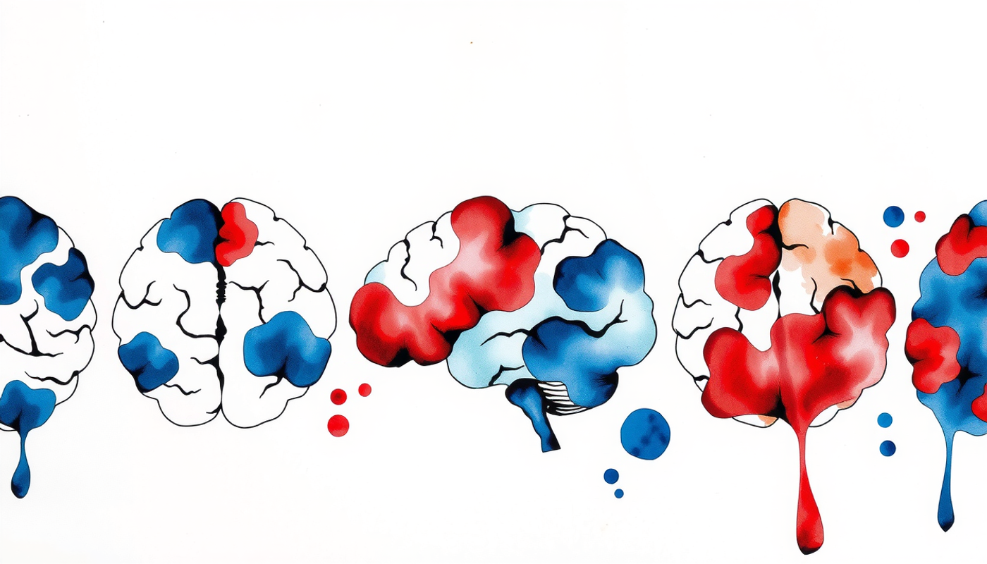 Five brain diagrams displaying dopamine disruption patterns for various conditions.