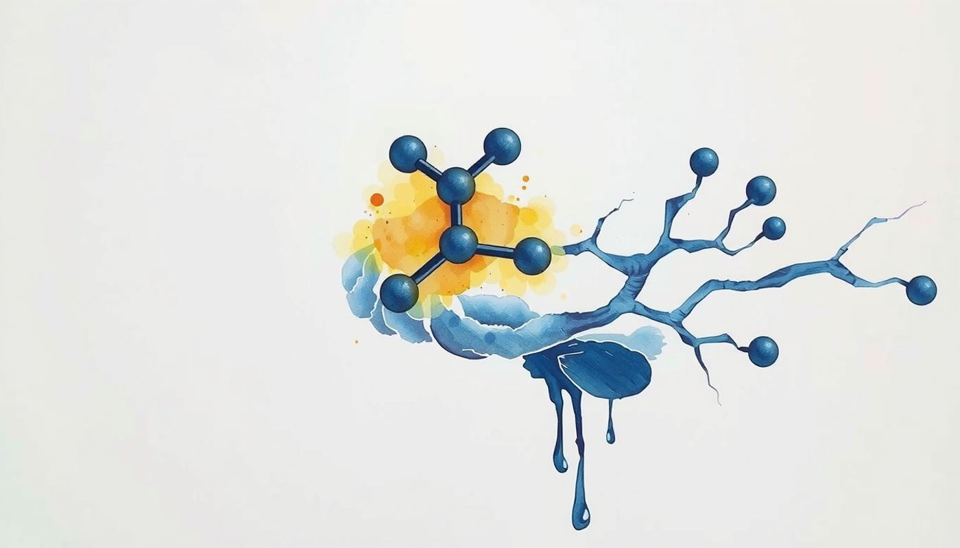 Dopamine molecule above glowing brain silhouette with neural pathways.