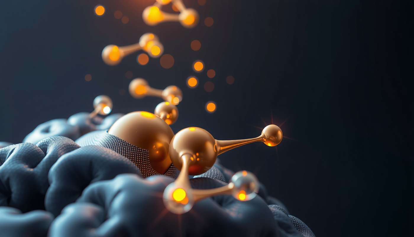 Dopamine molecules flowing to the prefrontal cortex on a deep indigo background.
