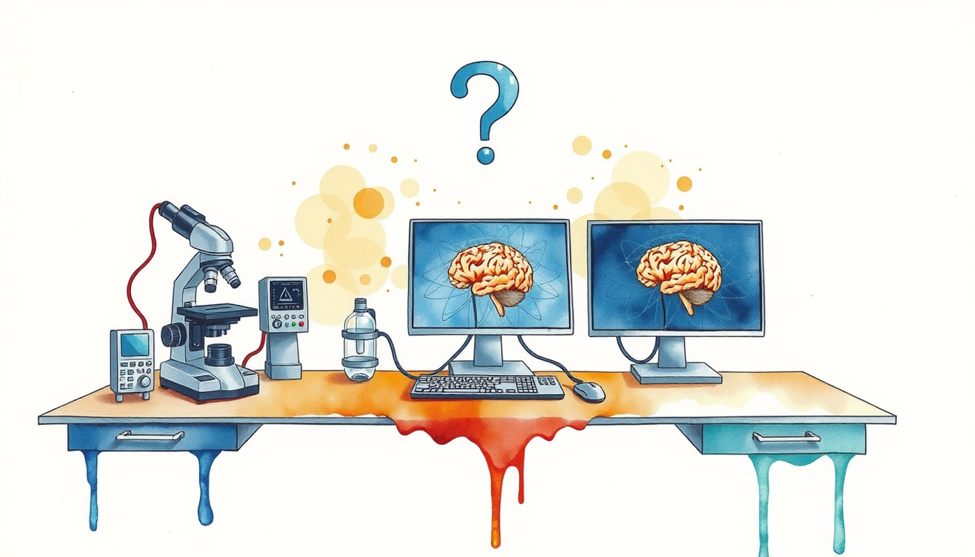 Laboratory scene with scientific instruments and a question mark symbolizing dopamine research.