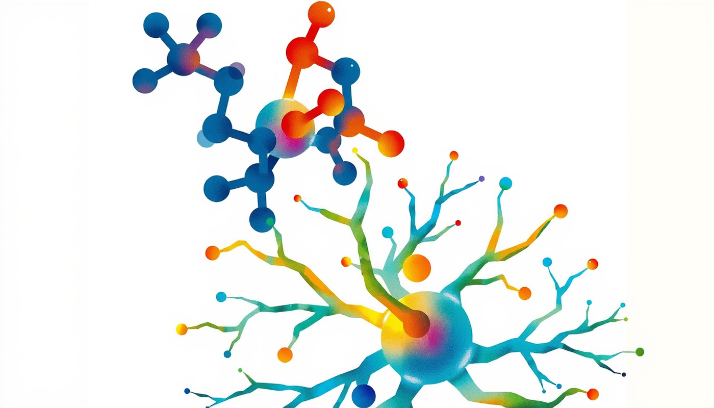 Molecular model of dopamine above glowing neural pathways in the temporal lobe.