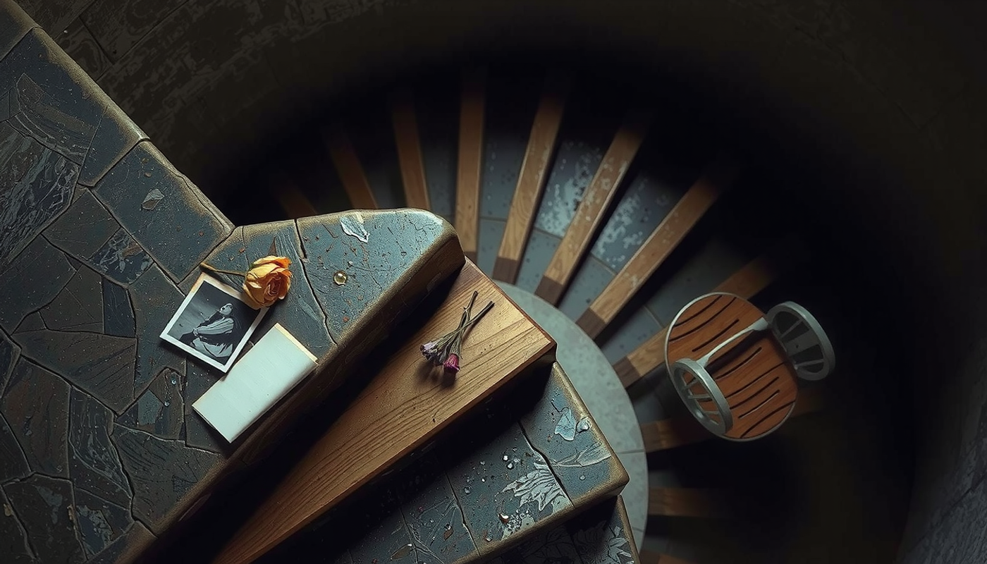 Downward spiral staircase with sad memory fragments in stone steps.