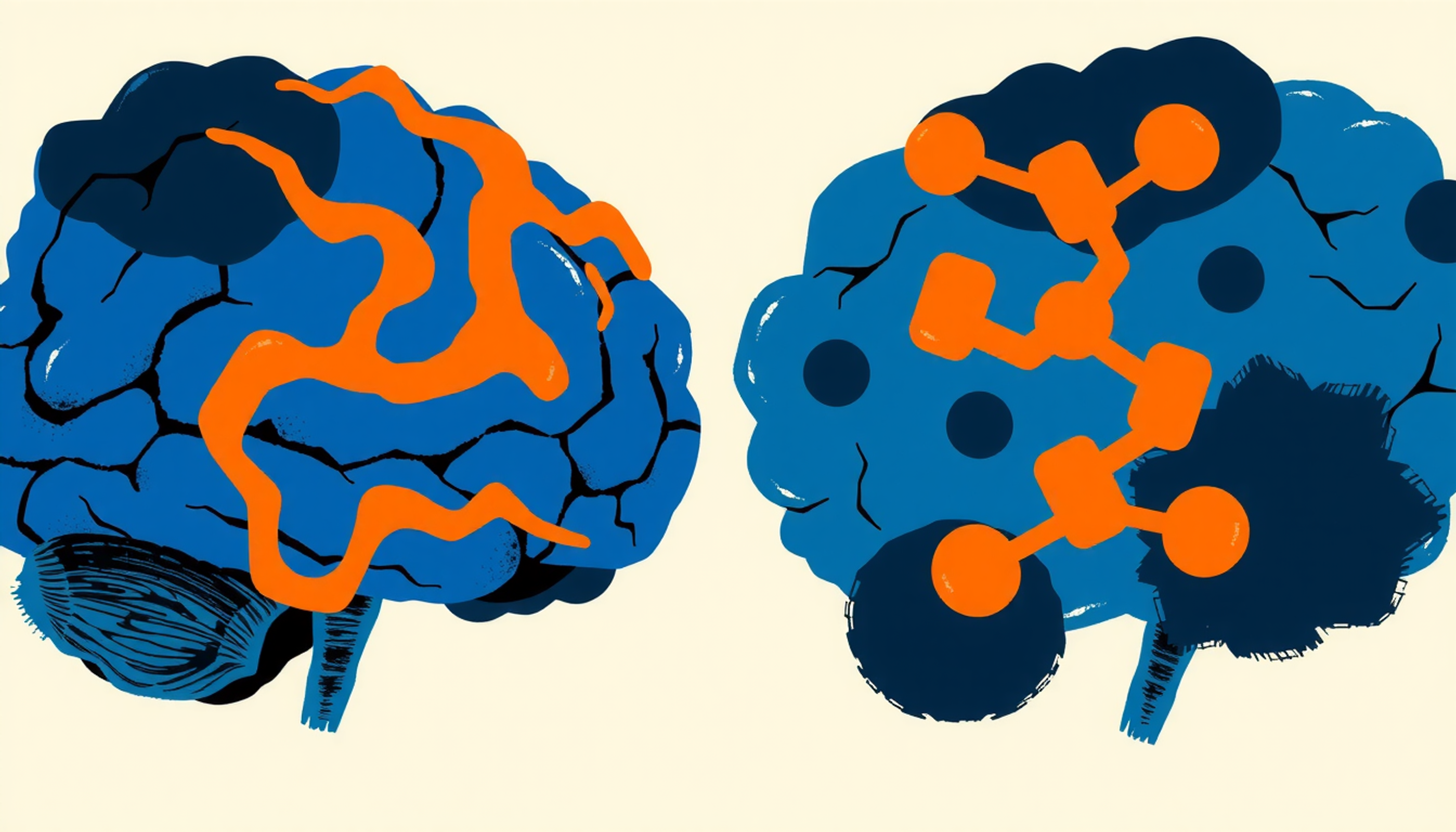 Well-rested brain with vibrant pathways vs. sleep-deprived brain with dark spots.