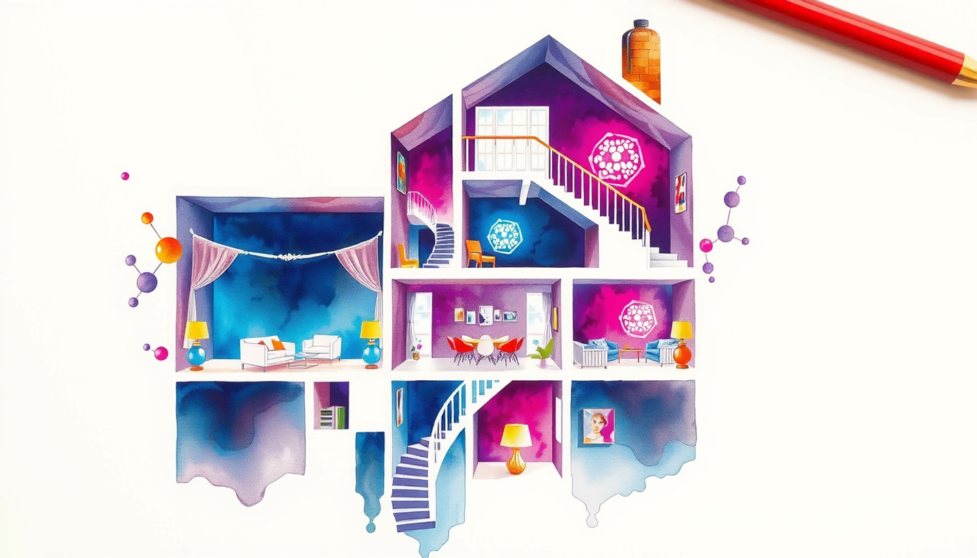 Dreamlike architectural cutaway of a grand house with glowing molecular structures.