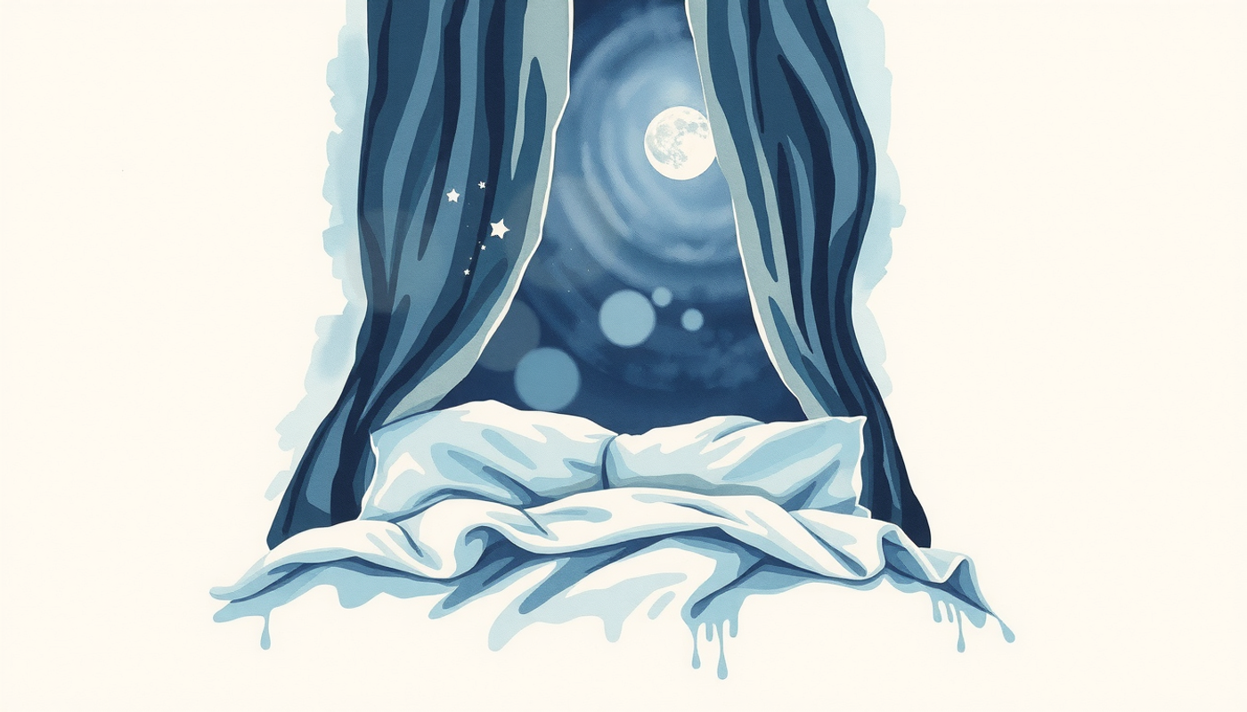 Soft abstract of a moonlit bedroom with gentle luminous particles.