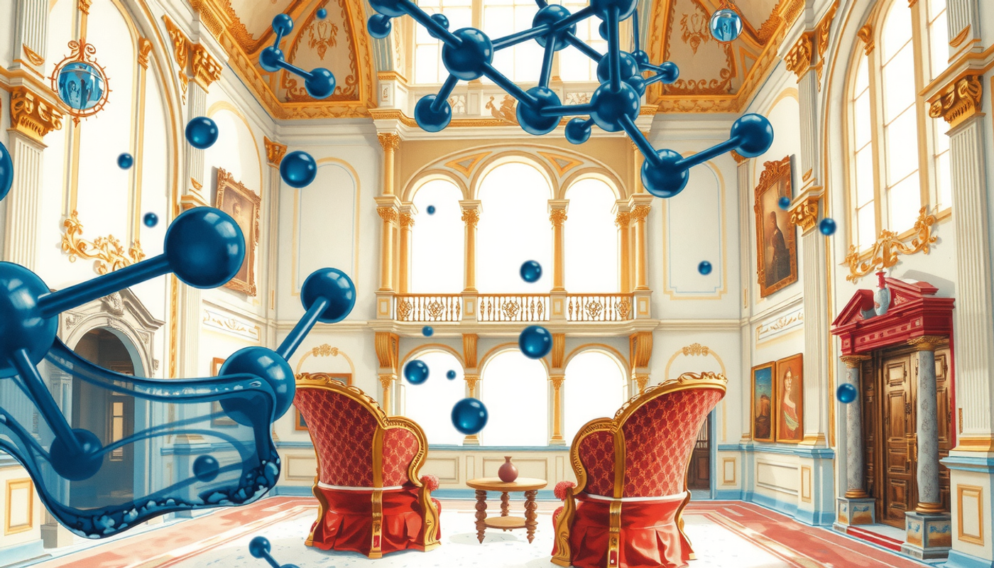 Dreamlike palace interior showcasing color-coded pharmaceutical-themed rooms.