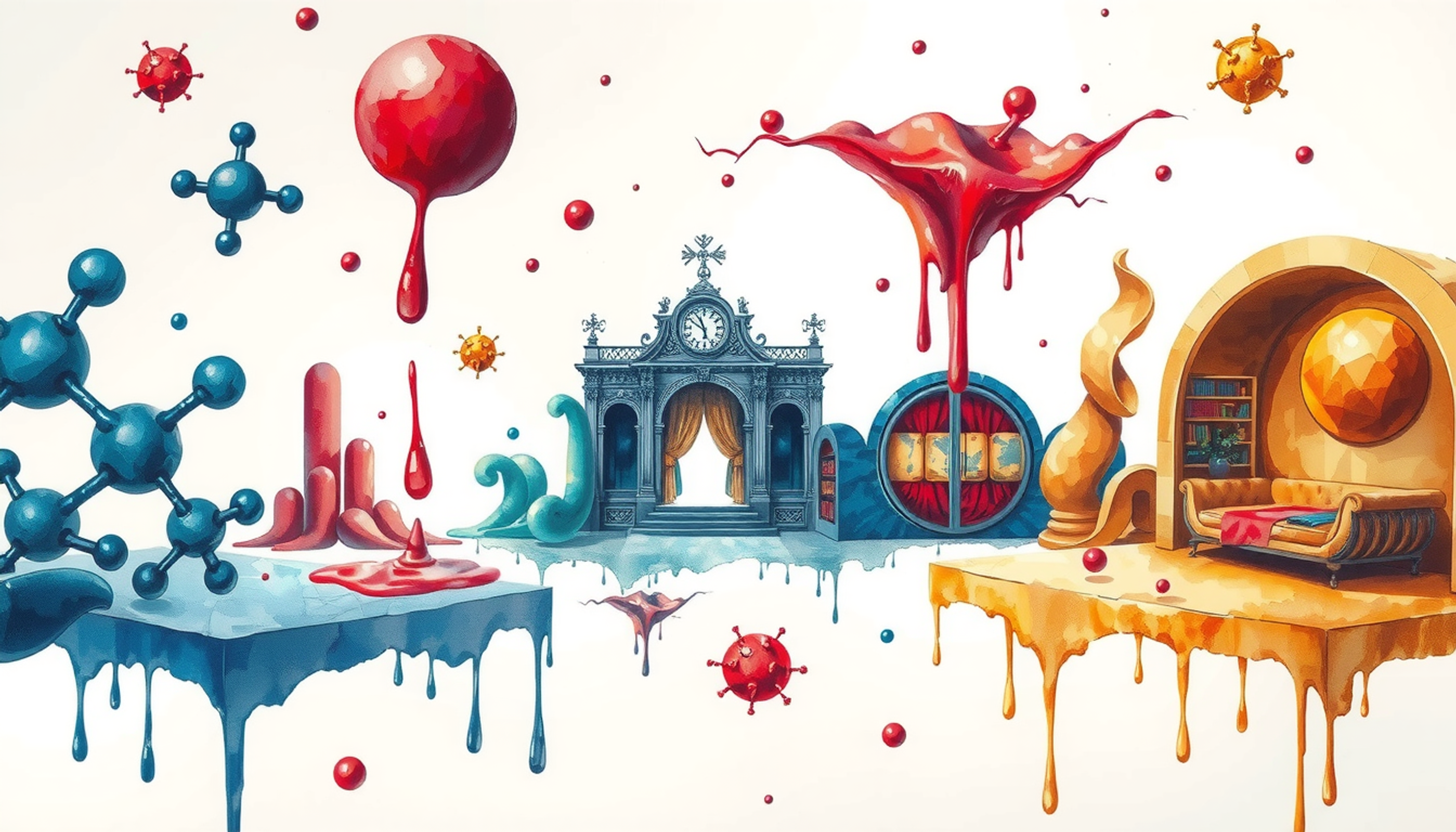Dreamlike palace interior with color-coded pharmaceutical-themed rooms.