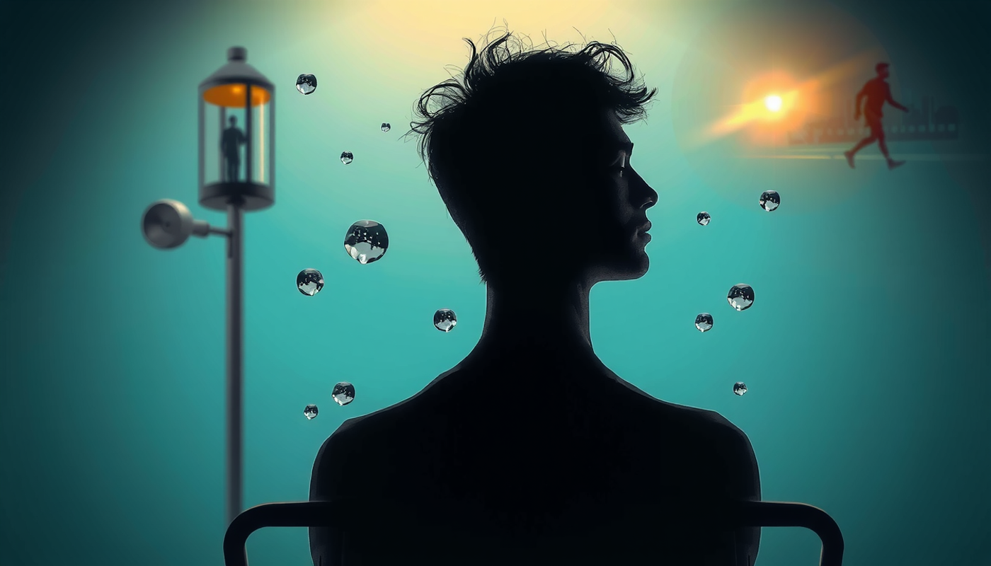 Person in a chair with closed eyes, surrounded by dreamlike street fragments.