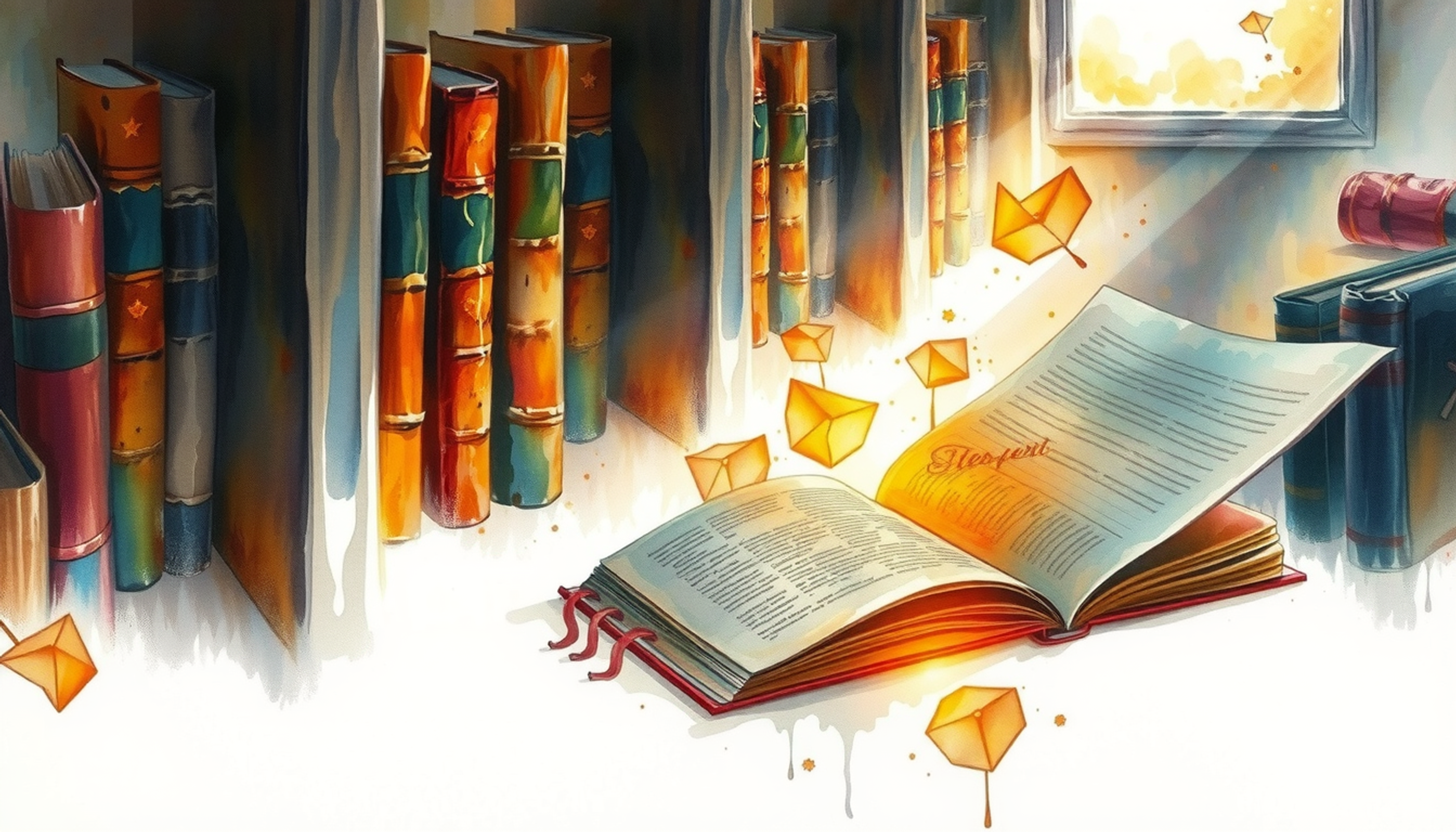 Dusty library archive with glowing journal, vintage academic aesthetic.