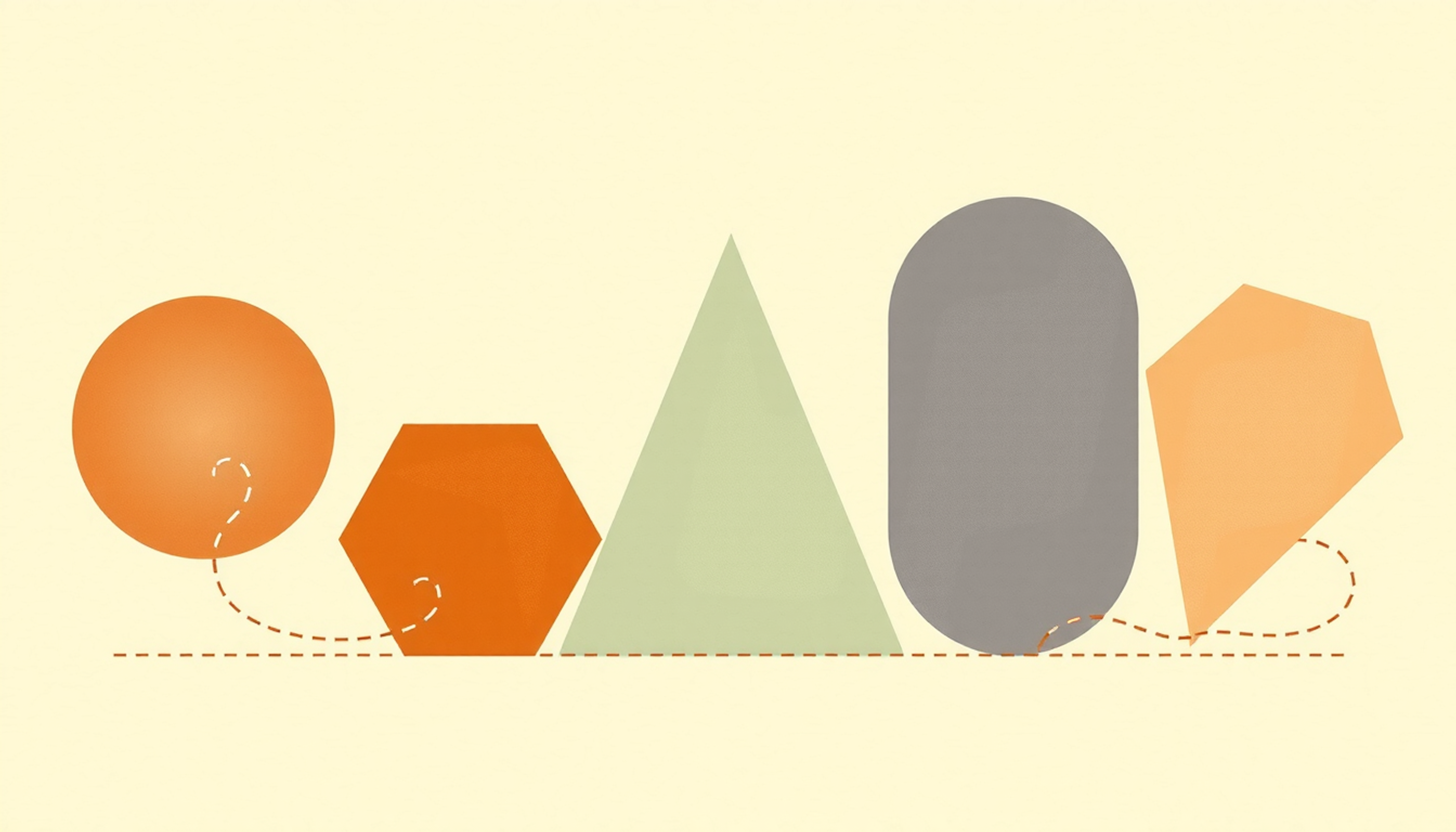 Five colorful geometric app icons connected by dotted lines on a gradient background.