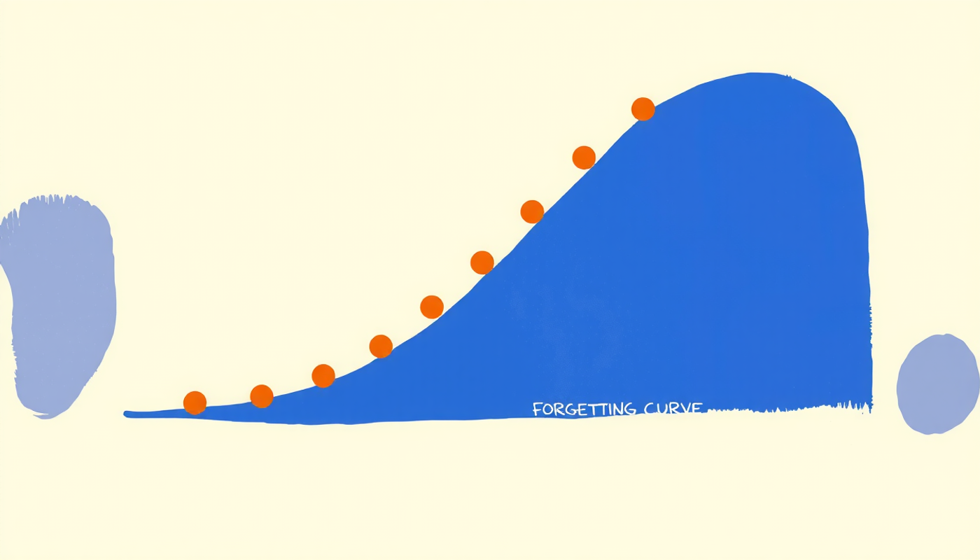 Ebbinghaus forgetting curve infographic with spaced repetition review points.