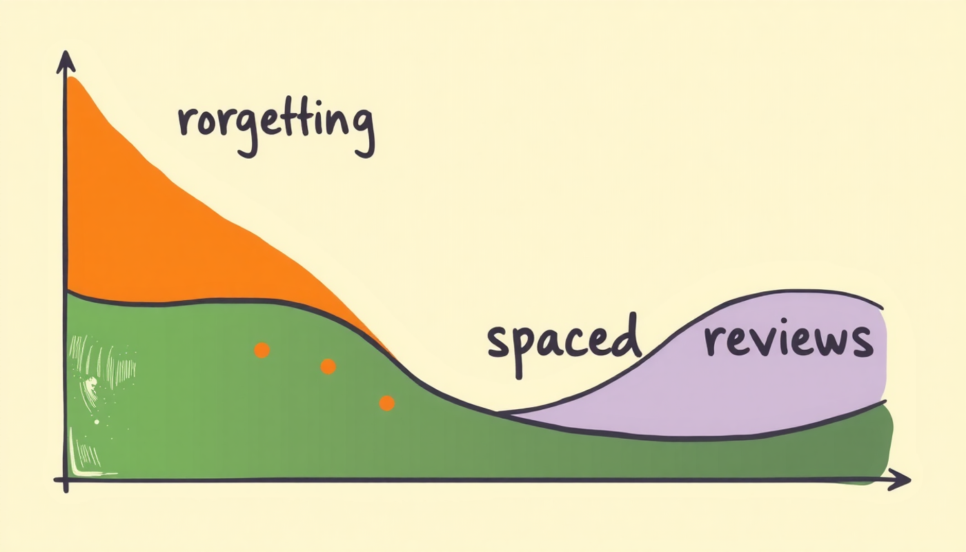 Clean line graph comparing rapid forgetting and spaced reviews.