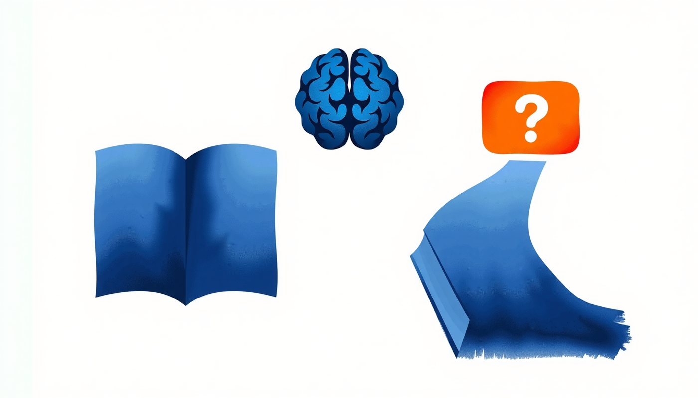 Two parallel paths: rereading a book and a glowing question mark, leading to a brain.