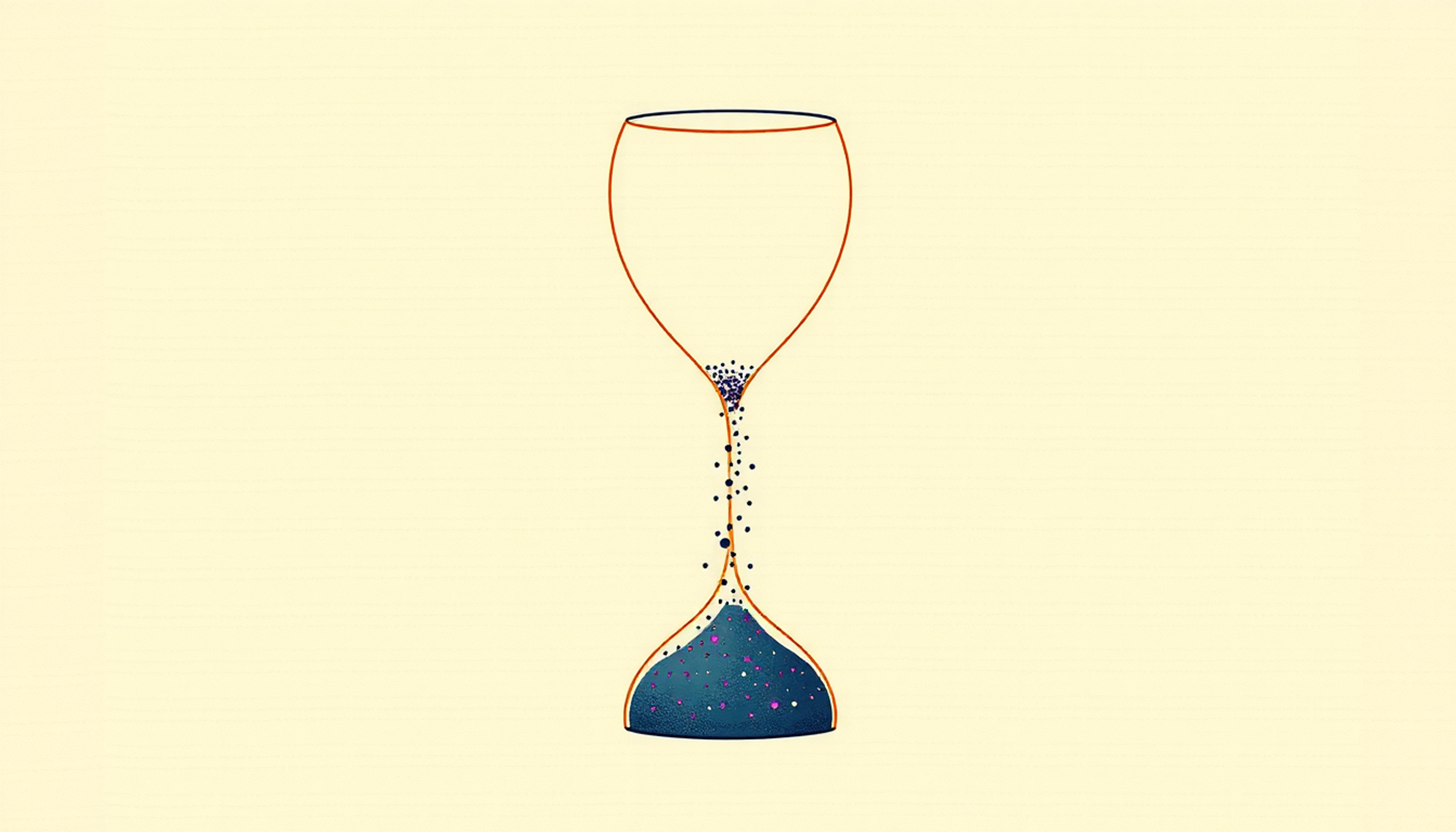 Elegant hourglass with glowing sand dissolving into particles.