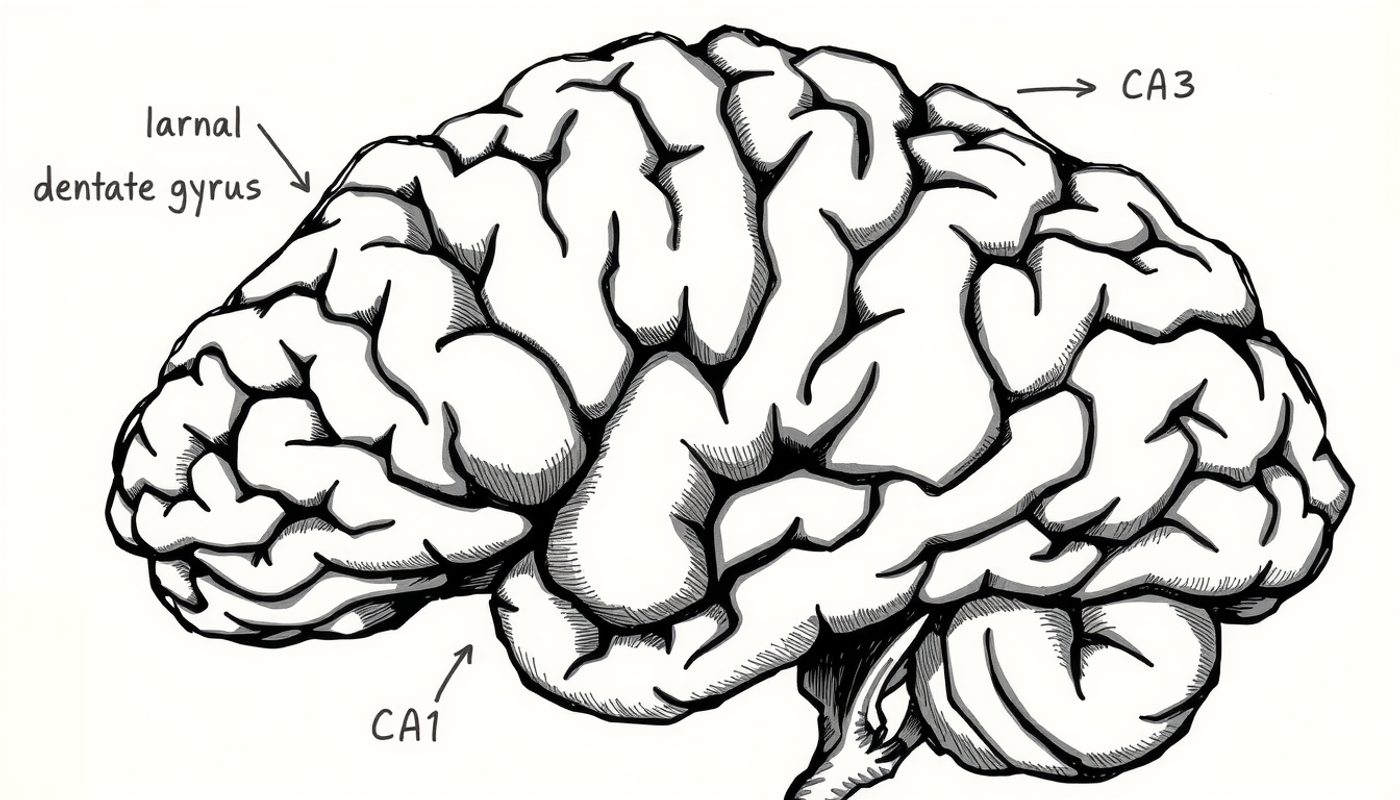 Elegante anatomische Darstellung des Hippocampus mit hervorgehobenen Zelltypen.