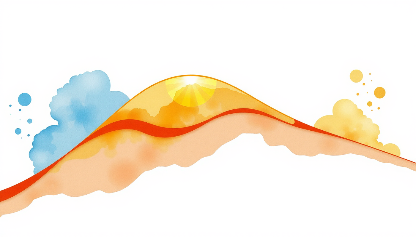 Elegant curve on dark blue background, glowing gold peak, fading crimson.