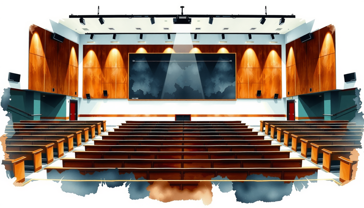 Empty lecture hall with tiered benches and a blank chalkboard.