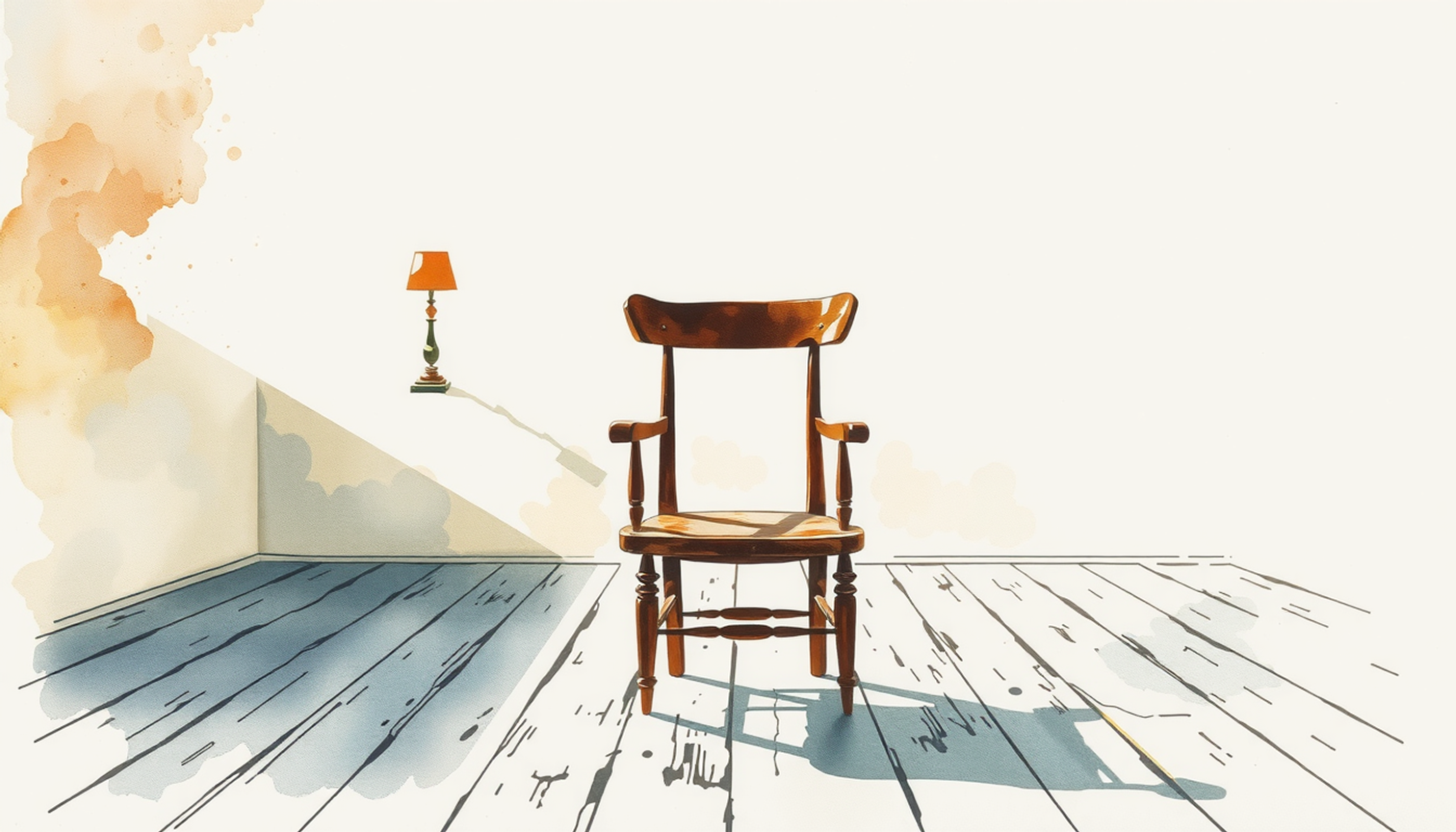 Empty wooden chair in a sunlit, bare room with dust motes.