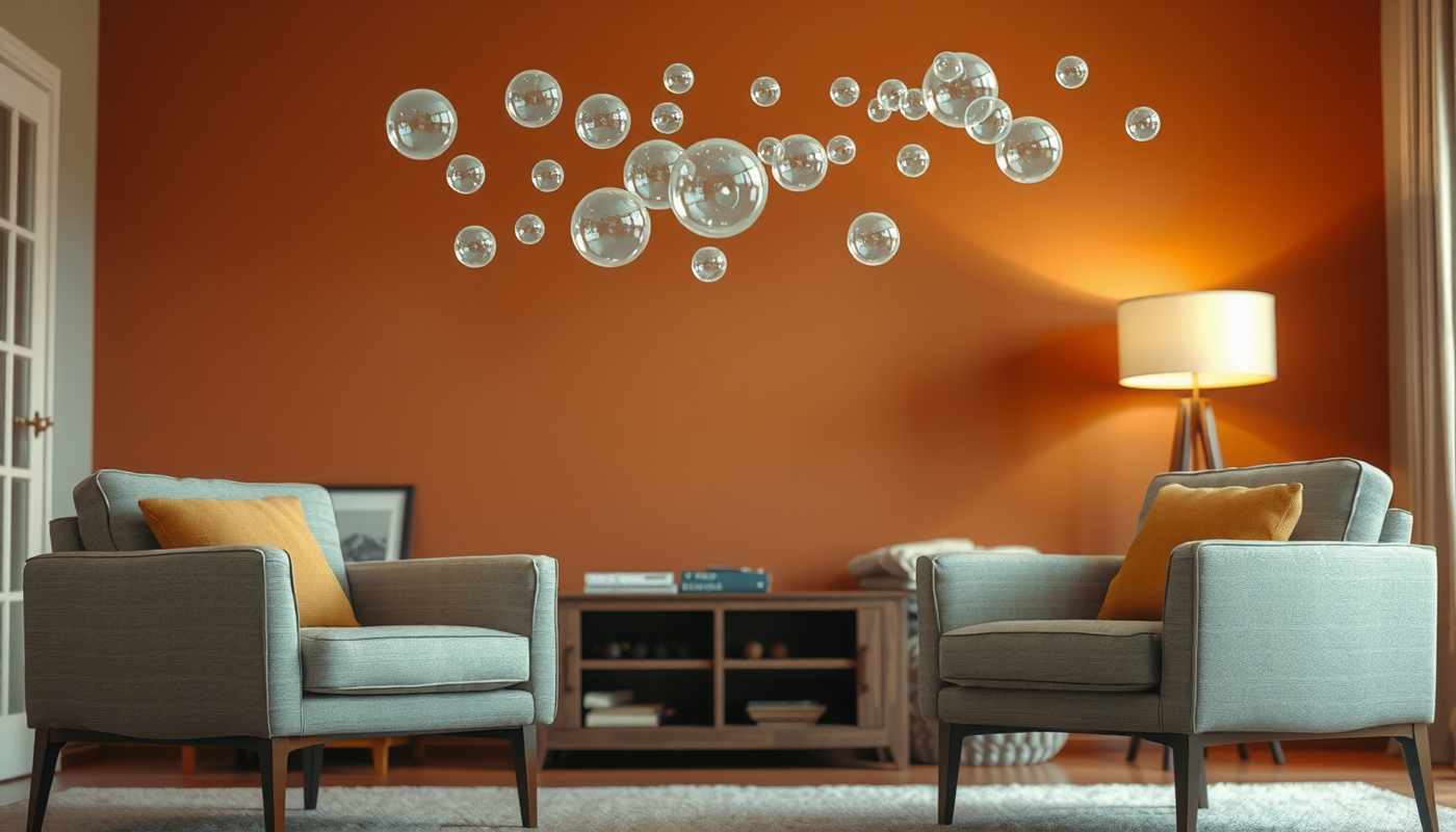 Two empty chairs in a cozy living room with thought bubbles.